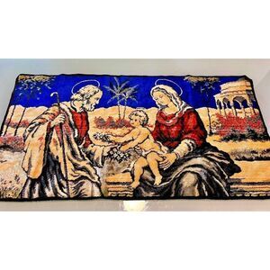 Vtg Blue Velvet Tapestry Wall Hanging Kneeling Rug Jesus Mary Joseph Made in Ita